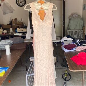 Camille La Vie Cream Sequin Embellished Gown Plunge Neckline